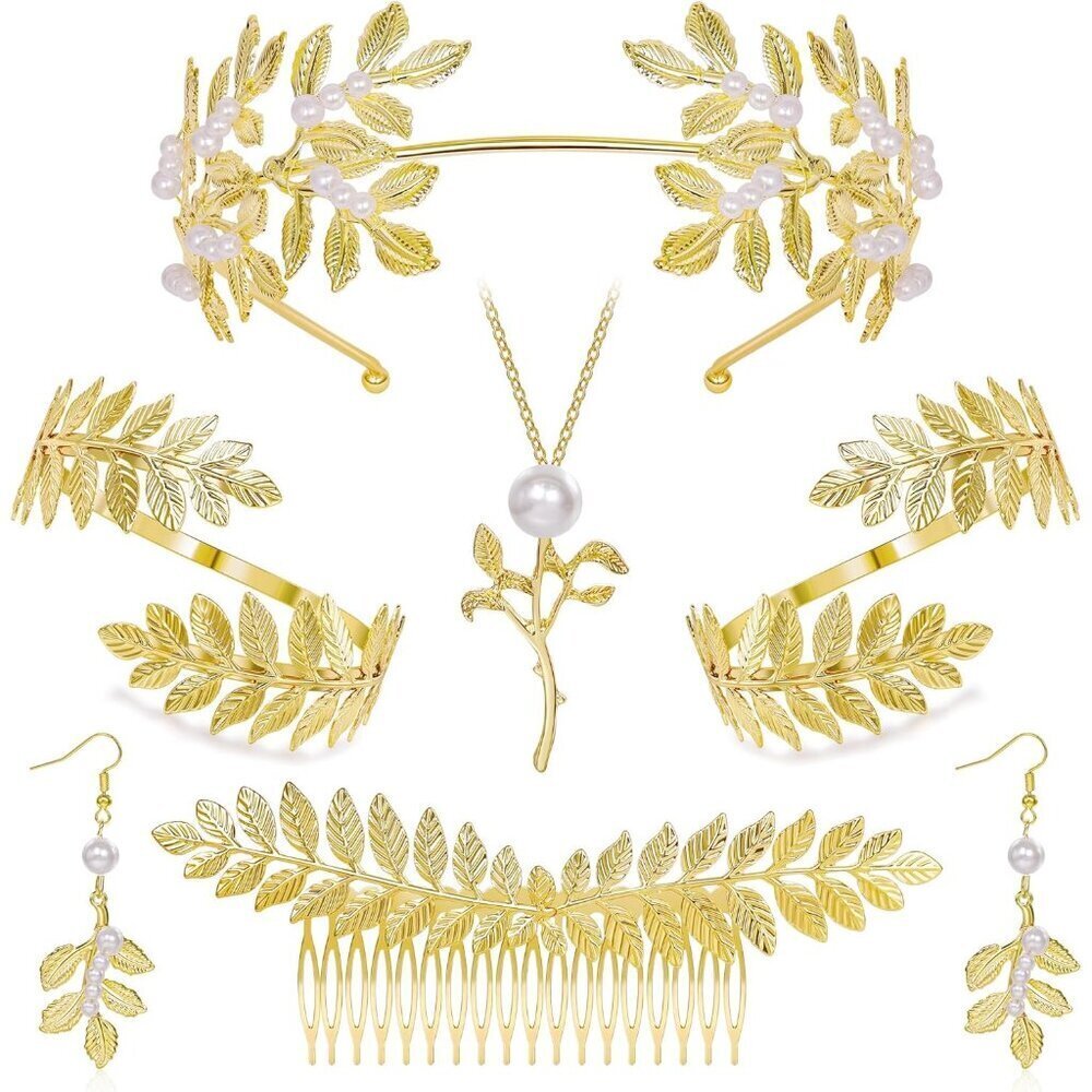 Greek Goddess Costume Accessories Set Gold Laurel Crown Earrings Necklace